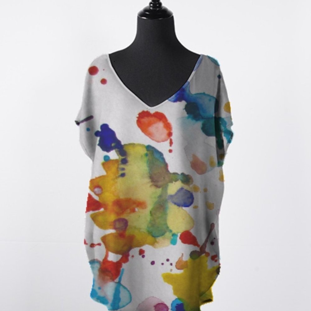 SpringSplatterII Abstract Art V‑Neck Blouse – Rare VIDA × Noora Elkoussy Collab